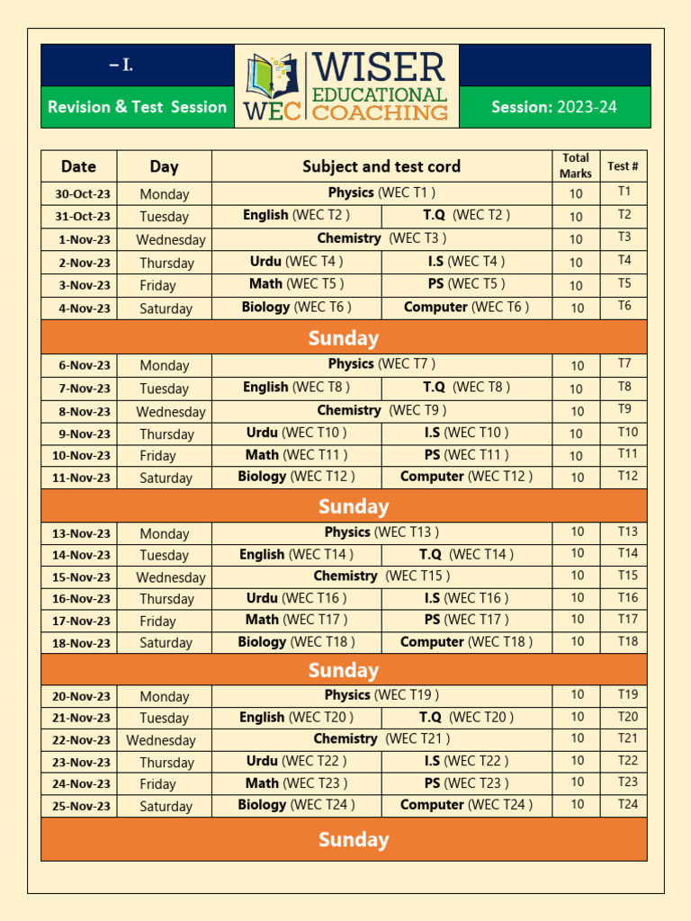 10th Class Test Session Schedule | PDF