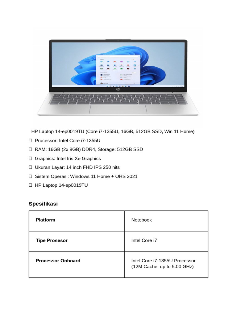 HP 14-ep0019TU Laptop Specifications | PDF
