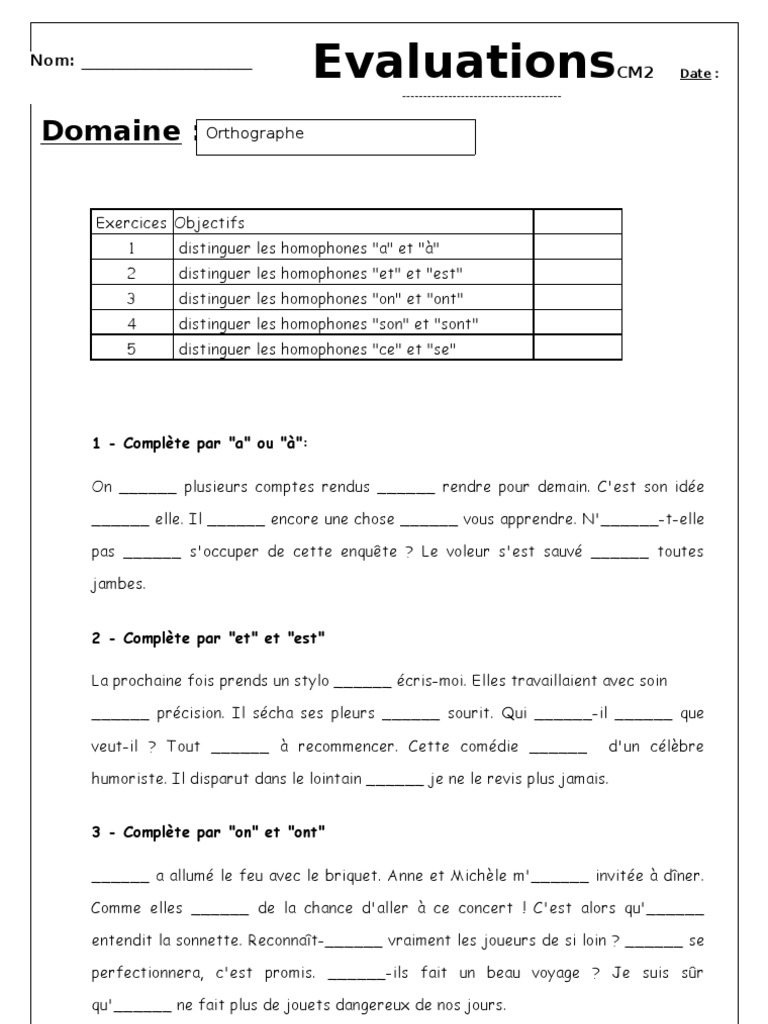 Evaluation Homophones A/à Et/est On/ont Son/sont Cm1 Orthographe Les Homophones | PDF