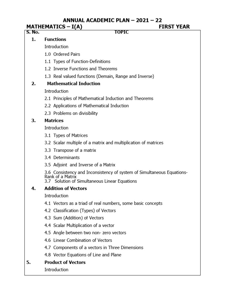 Annual Academic Plan - 2021 - 22 Mathematics - I (A) First Year | PDF ...