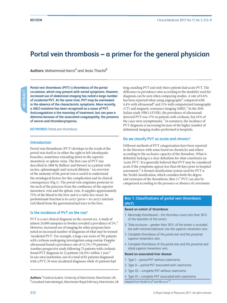 Portal Vein Thrombosis - A Primer For The General Physi - 2017 ...