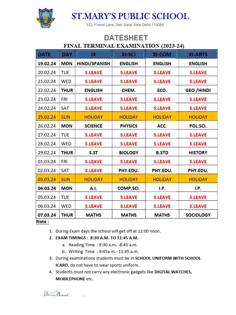 Final Term Datesheet (Ix & Xi) 2023-24 | PDF