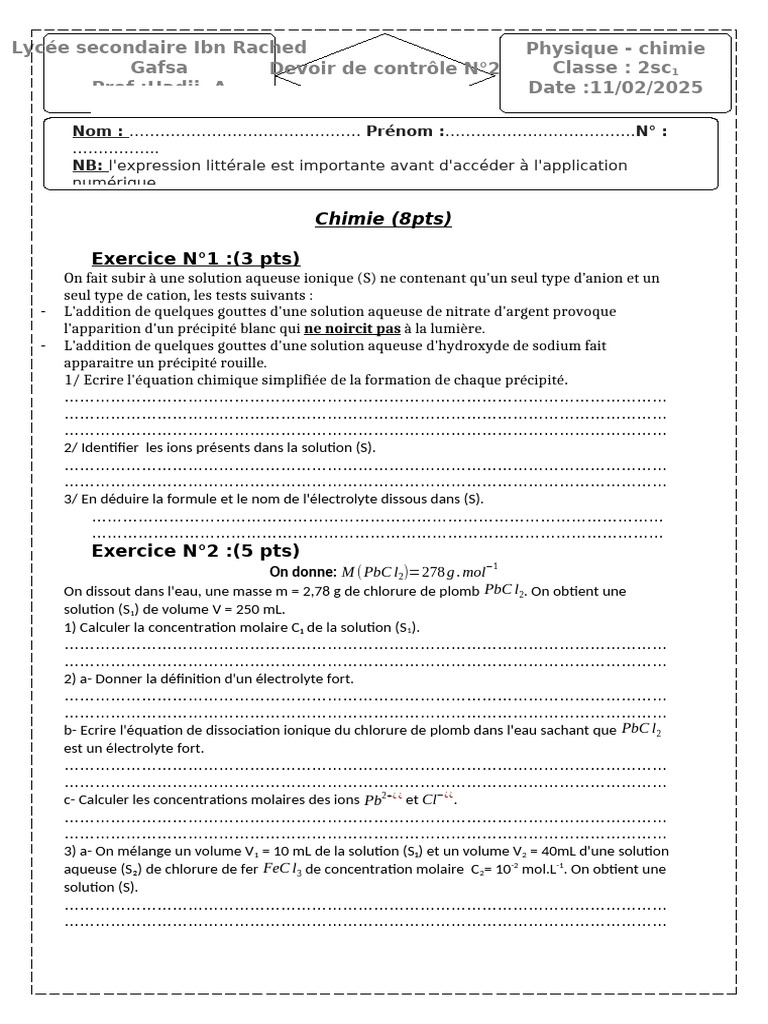 Devoir de contrôle en chimie et physique | PDF | Dissociation (chimie ...