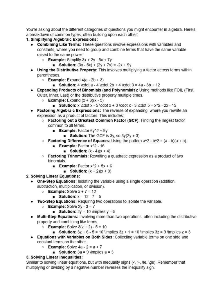 Types of Algabric Questions | PDF | Factorization | Equations