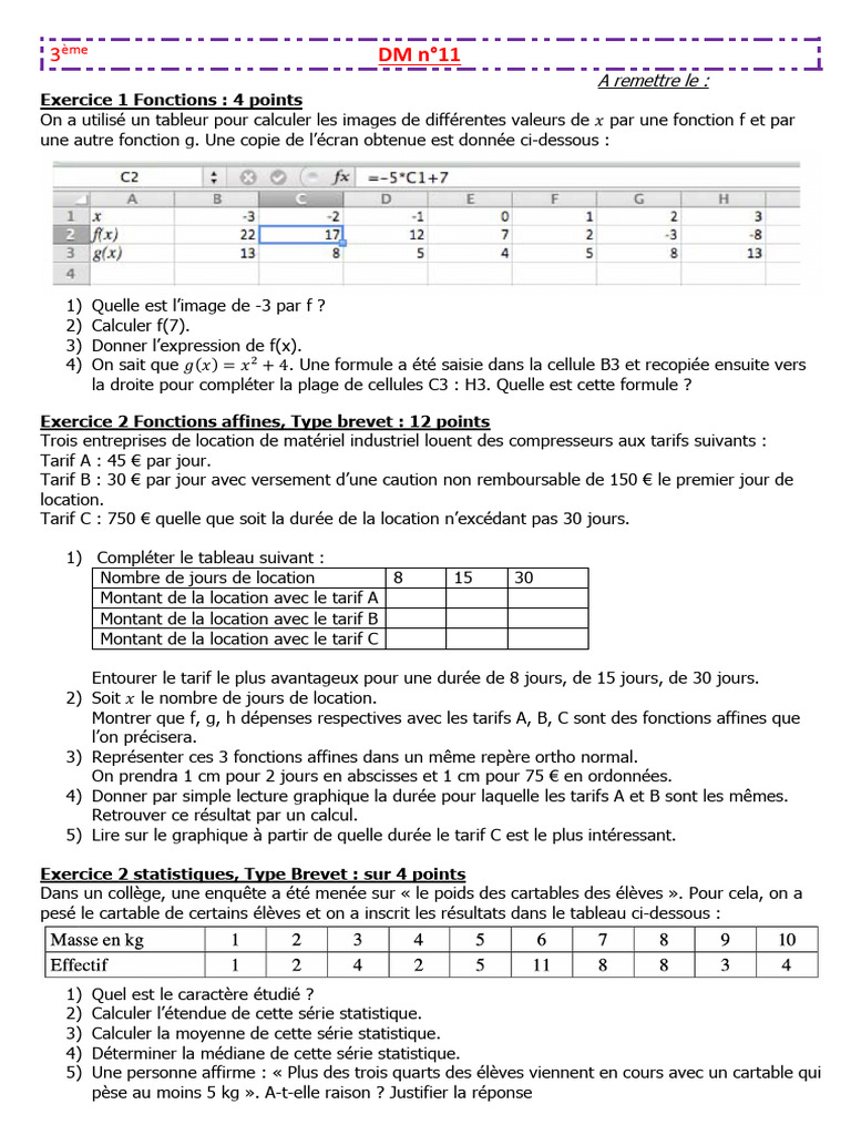 Exercice DM 11 : Fonctions et Statistiques | PDF