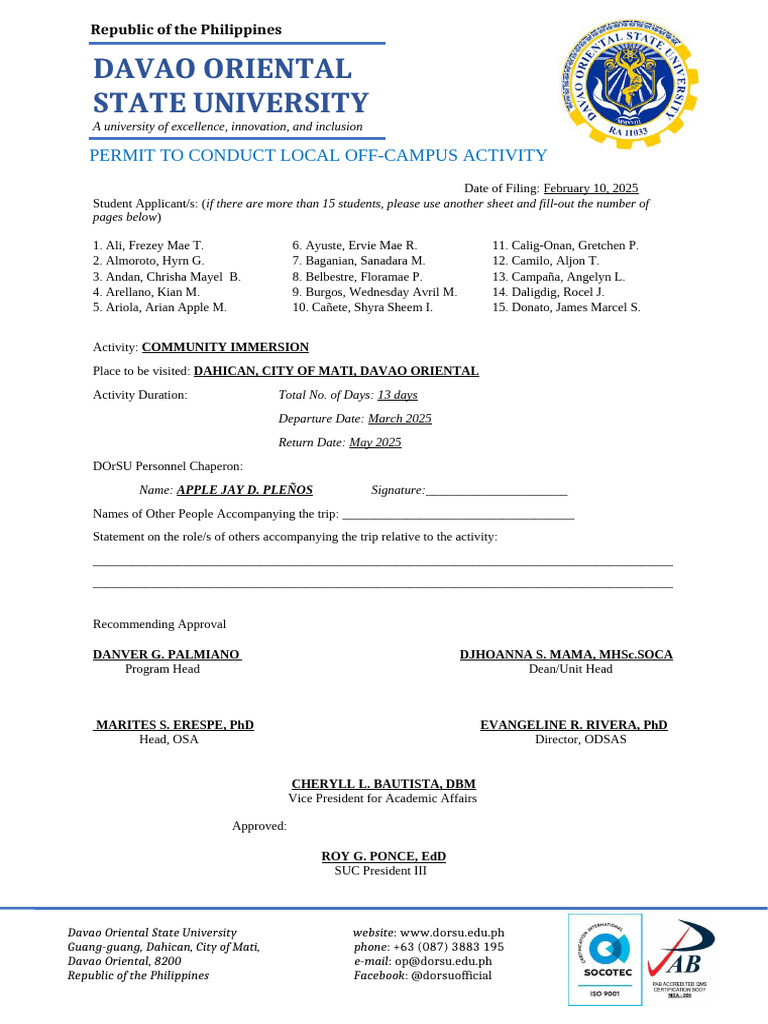 DOrSU Community Immersion Permit | PDF