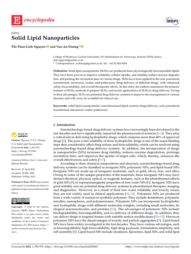Solid Lipid Nanoparticles: Entry | PDF | Pharmaceutical Sciences ...