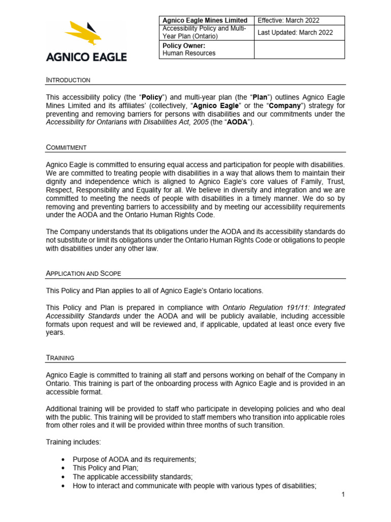 Agnico Eagle Accessibility Policy Ontario | PDF | Accessibility ...