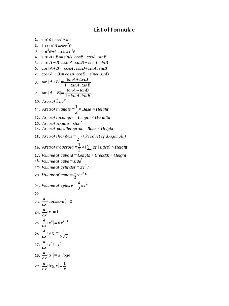 List of Formulae | PDF | Elementary Geometry
