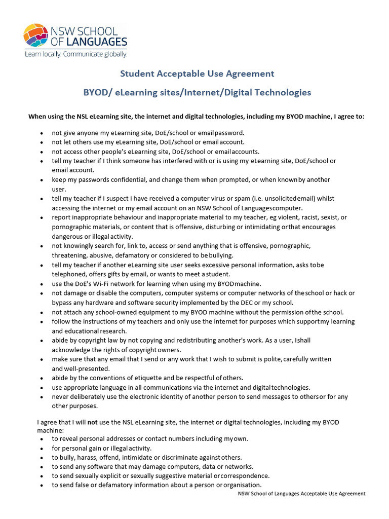NSL Acceptable Use Agreement Final | PDF | Internet | Educational ...