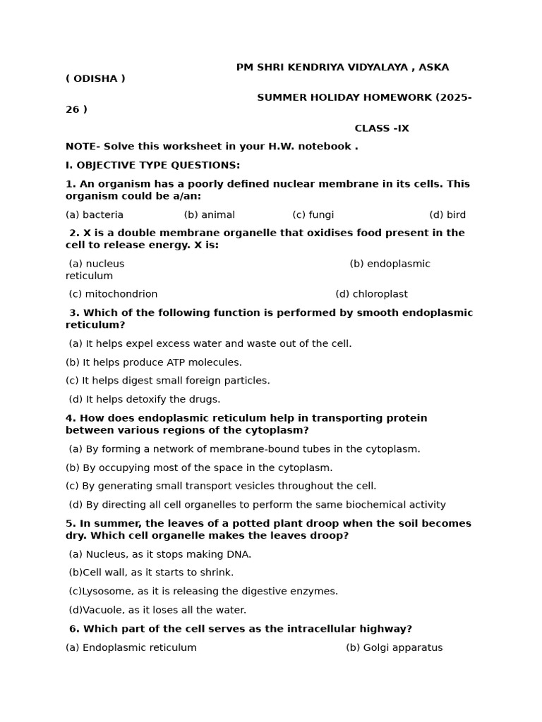 Class 9 Science: Cell Structure Homework | PDF | Endoplasmic Reticulum ...