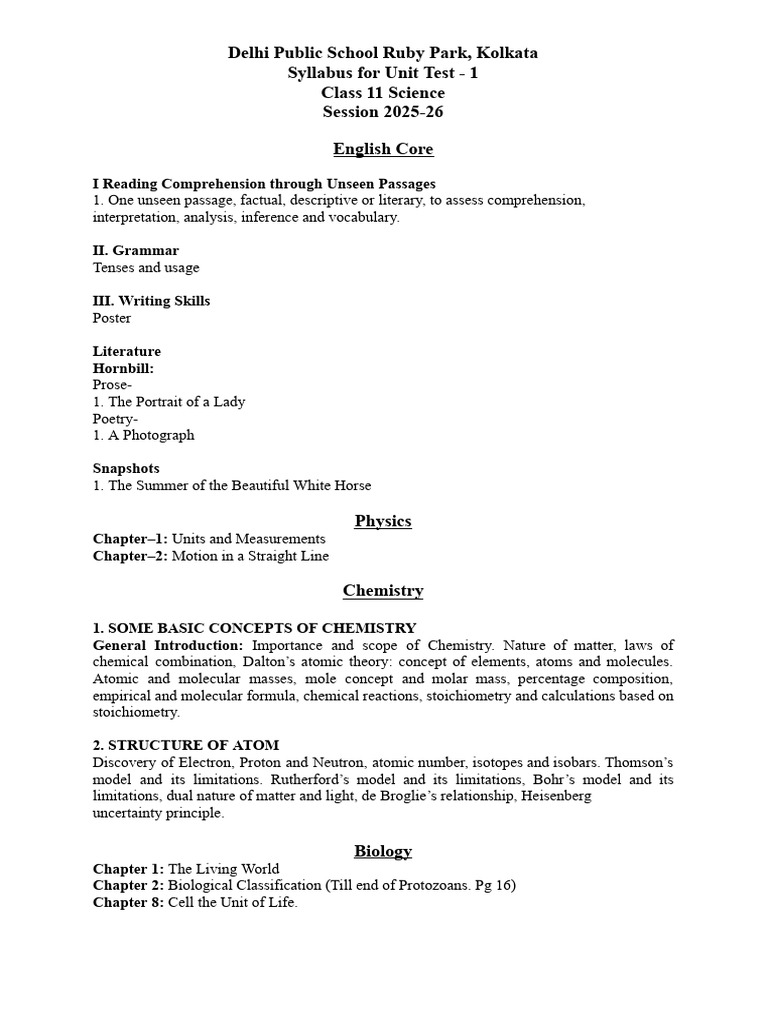 Class 11 Science Unit Test Syllabus 2025-26 | PDF | Chemistry | Olympic ...
