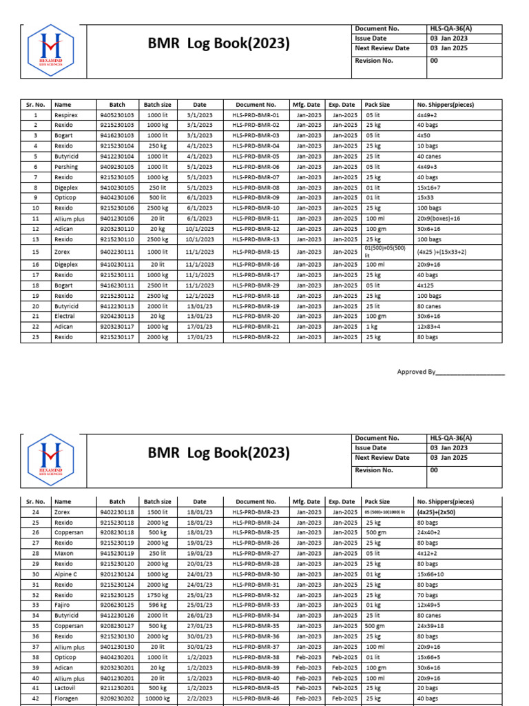 BMR Log Book 2023 Overview | PDF