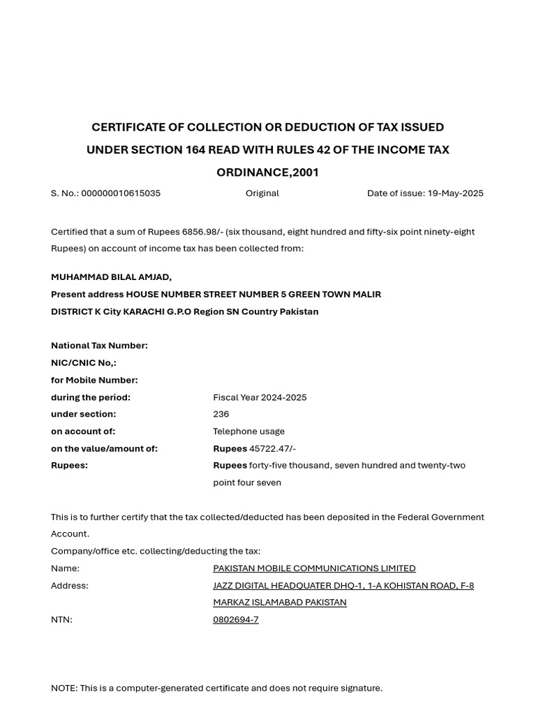 Income Tax Collection Certificate 2025 | PDF