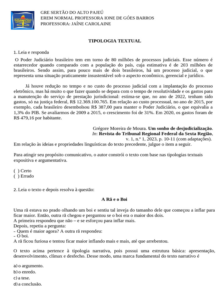 Exercícios de Tipologia Textual | PDF