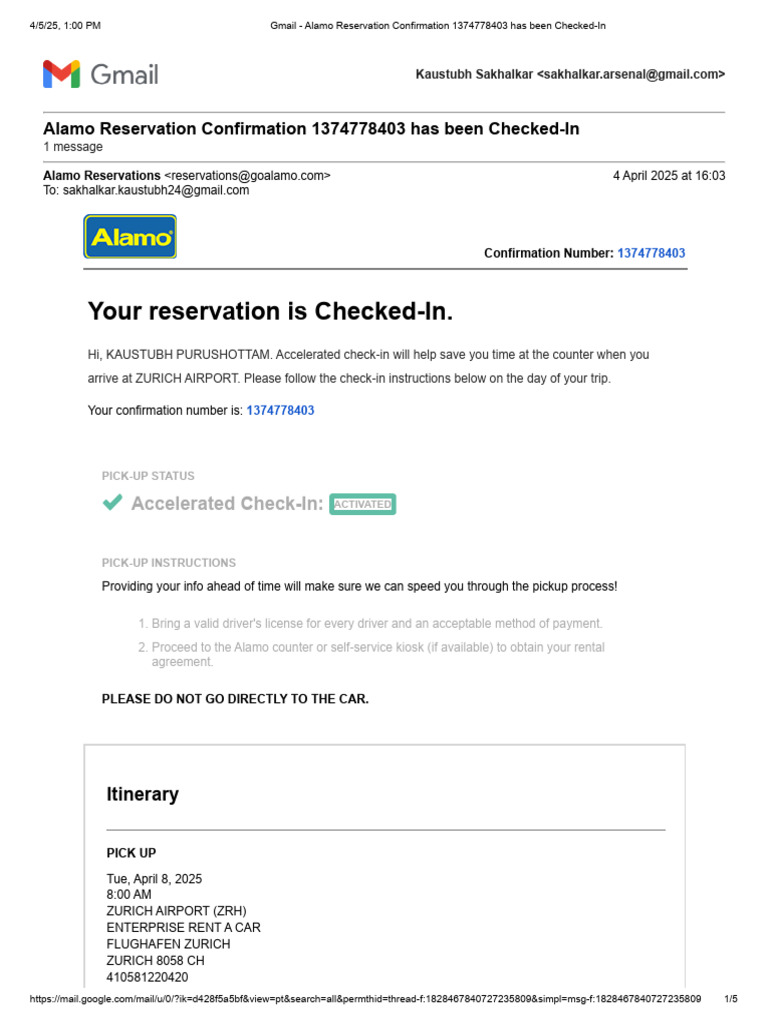 Gmail - Alamo Reservation Confirmation 1374778403 Has Been Checked-In | PDF