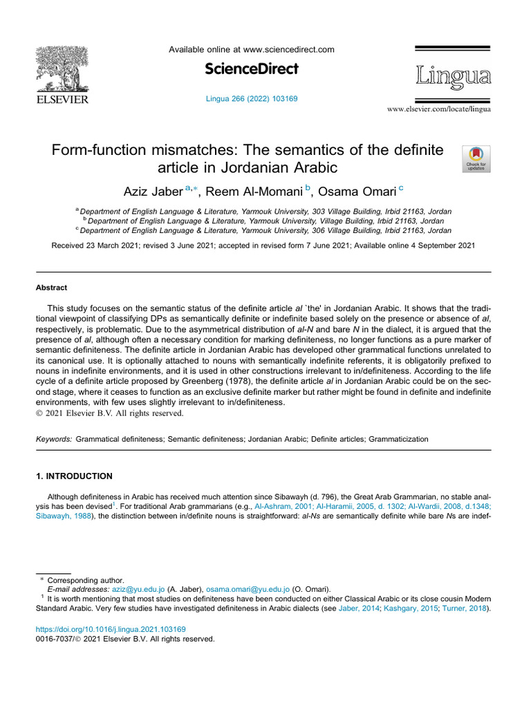 Semantics of Definite Article in Jordanian Arabic | PDF | Adjective ...