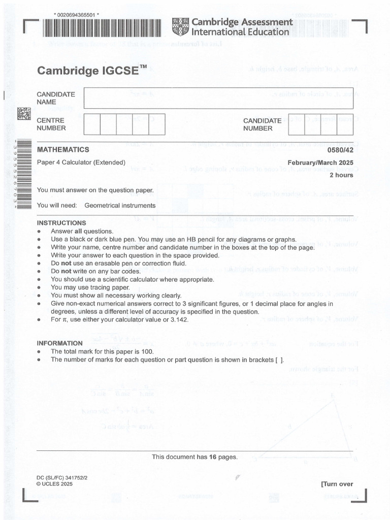 IGCSE Mathematics Paper 4 (Extended) | PDF | Area | Rectangle