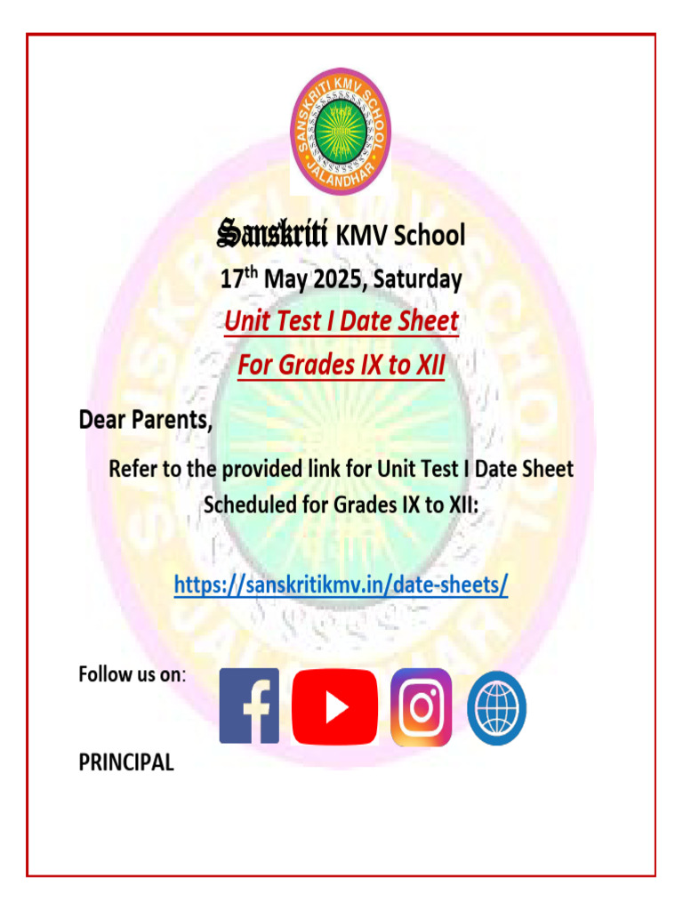 Unit Test I Date Sheet, Grades IX To XII, 17th May 2025 | PDF