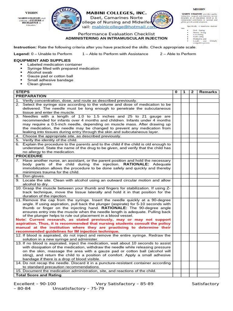 IM Injection Performance Evaluation Checklist | PDF | Injection ...