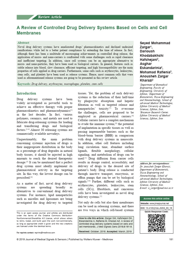 A Review of Controlled Drug Delivery Systems Based.5 | PDF | Red Blood ...