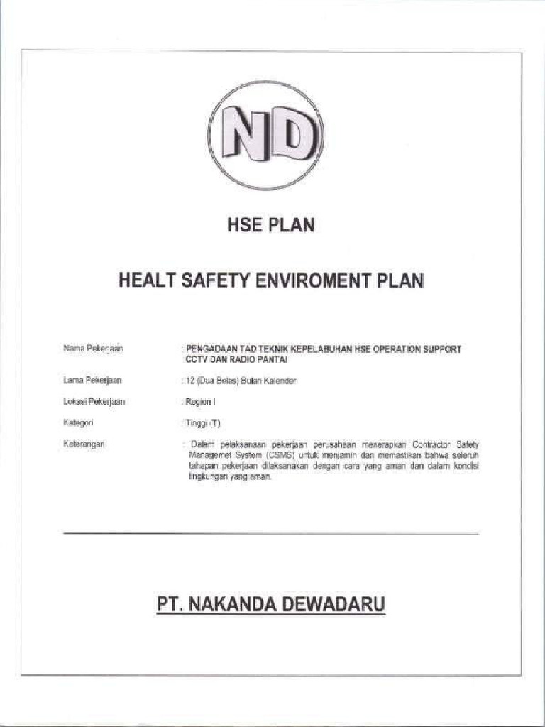 C Dokumen Hse Plan CCTV PT Nakanda Dewadaru | PDF