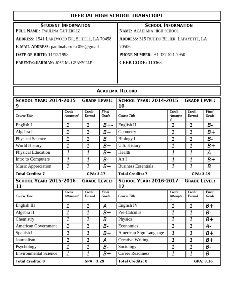 Official High School Transcript: Paulina Gutierrez | PDF | Academia ...