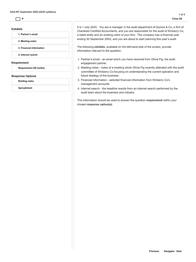 AAA-INT Past Paper September 2022 | PDF | Going Concern | Audit