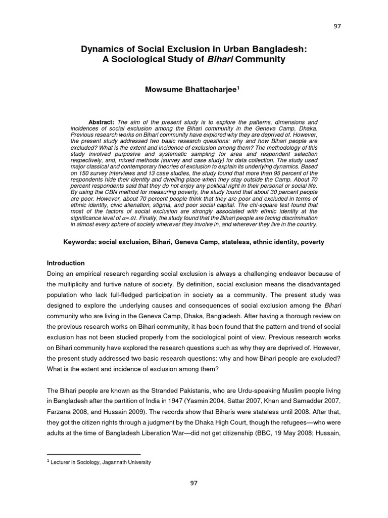 Social Exclusion of Bihari Community in Dhaka | PDF