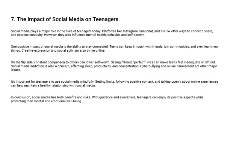 The Impact of Social Media On Teenagers | PDF