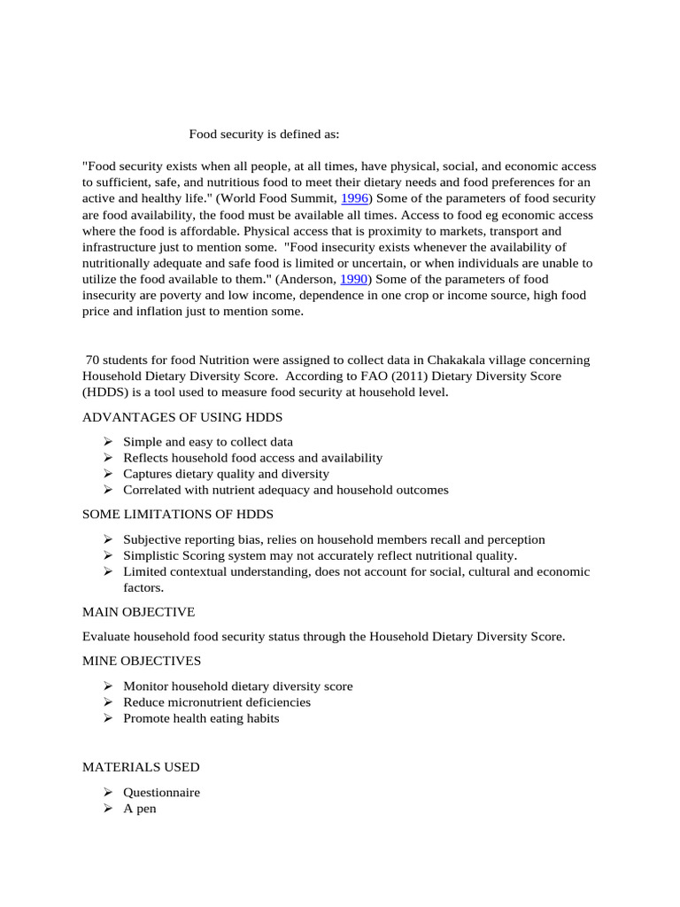Assessing Food Security via Dietary Diversity | PDF | Food Security ...