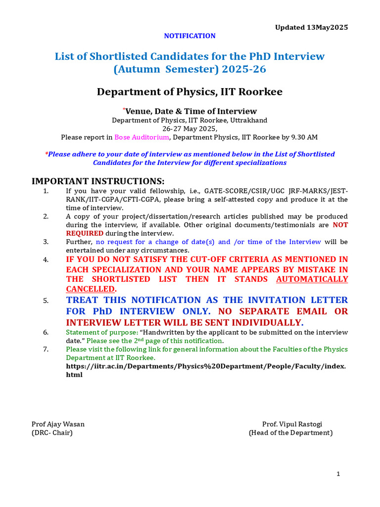 IIT Roorkee PhD Interview Candidates 2025 | PDF | Doctor Of Philosophy ...