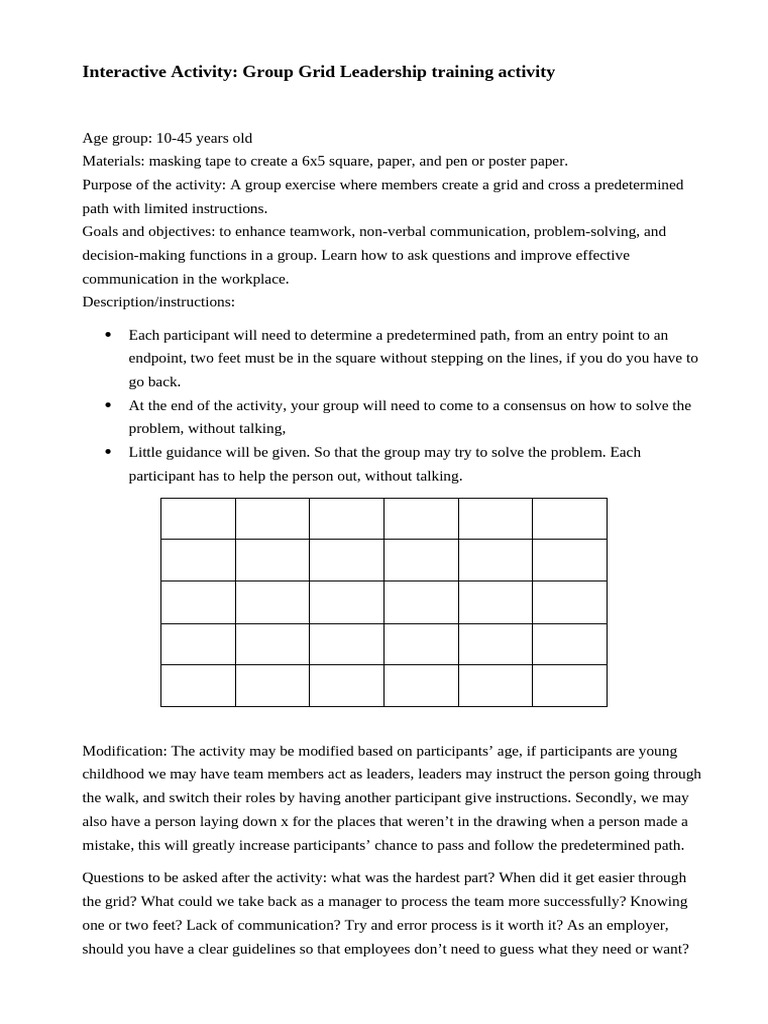 Teamwork Grid Activity for Leadership Training | PDF