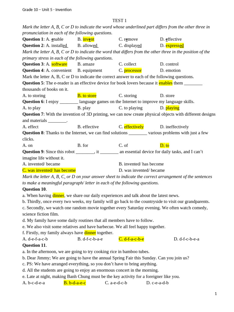 Grade 10 Invention Unit Test Questions | PDF | Sleep | Artificial ...