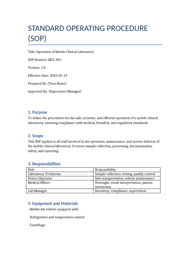 Mobile Clinical Laboratory SOP | PDF | Laboratories | Safety
