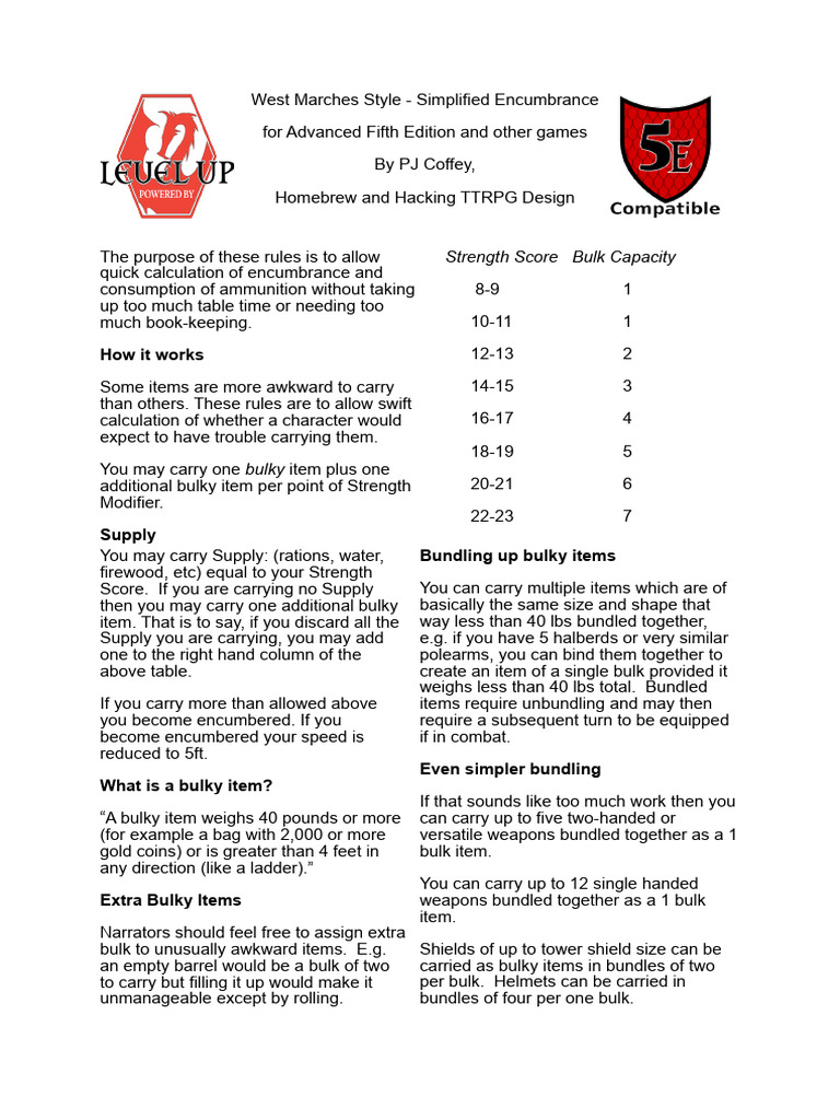Simplified Encumbrance for A5E | PDF | Ammunition | Projectiles