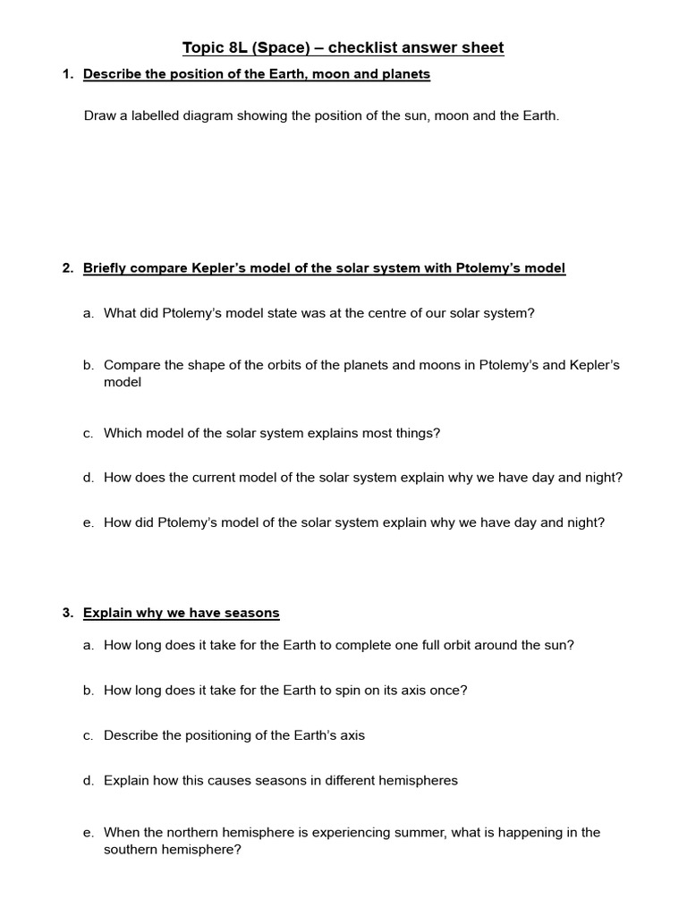 Topic 8L - Space Checklist Answers | PDF | Weight | Gravity