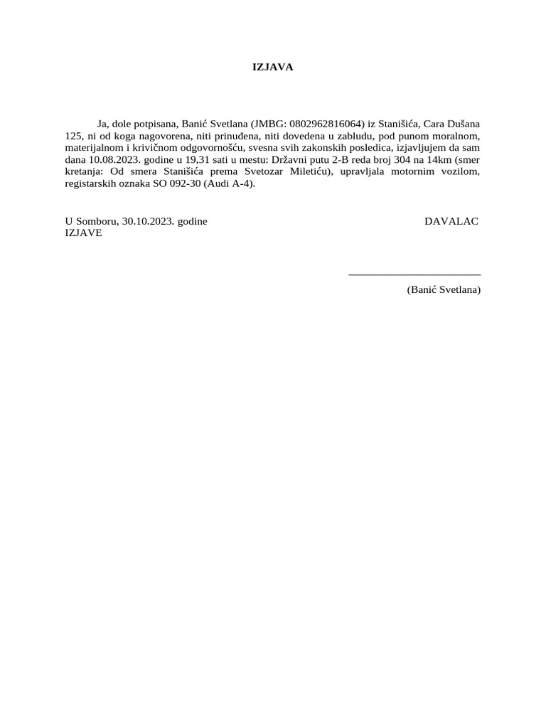 Izjava Vozilo | PDF