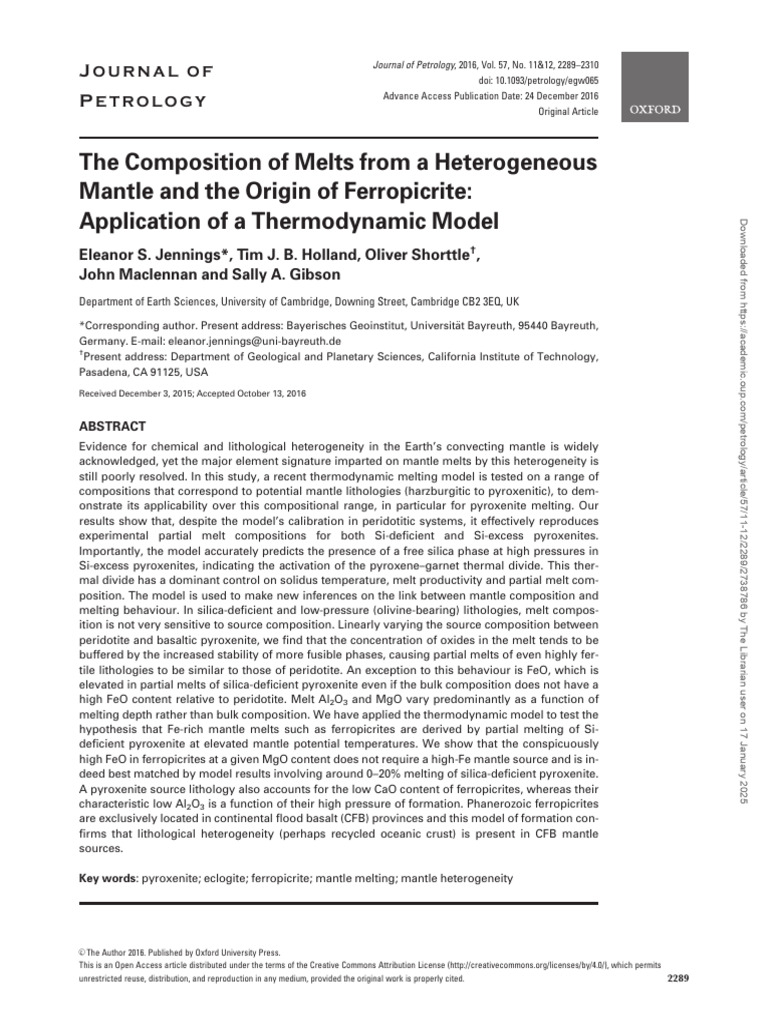 Thermodynamic Model of Mantle Melts | PDF | Magma | Geology