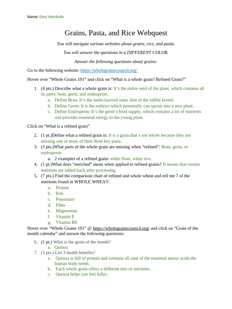 Ema Venckute - Grains, Pasta, and Rice Webquest | PDF | Cereals | Whole ...