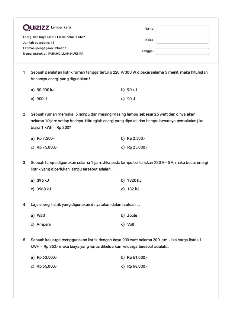 Energi dan Daya Listrik Kelas 9 | PDF