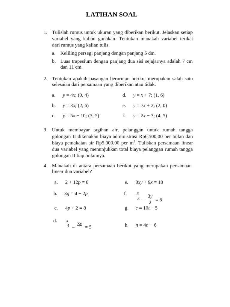 Latihan Soal Persamaan Linear dan Geometri | PDF