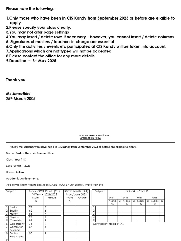 Junior School Prefect Application 2025-26 | PDF
