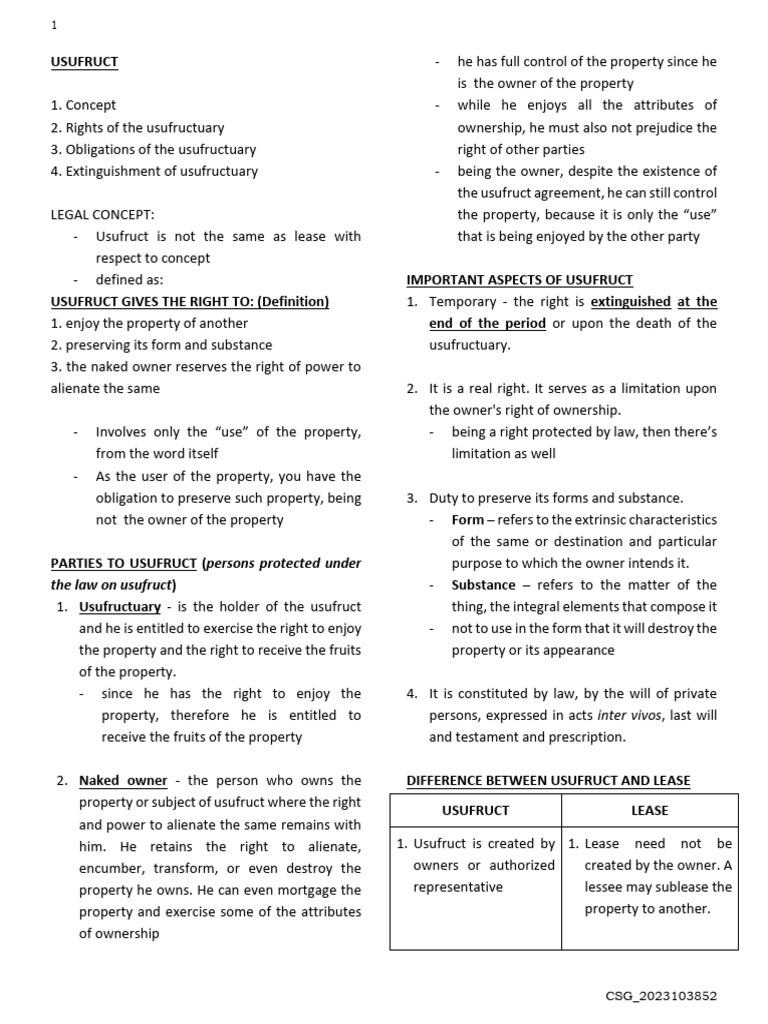 Understanding Usufruct Rights and Obligations | PDF | Lease | Property