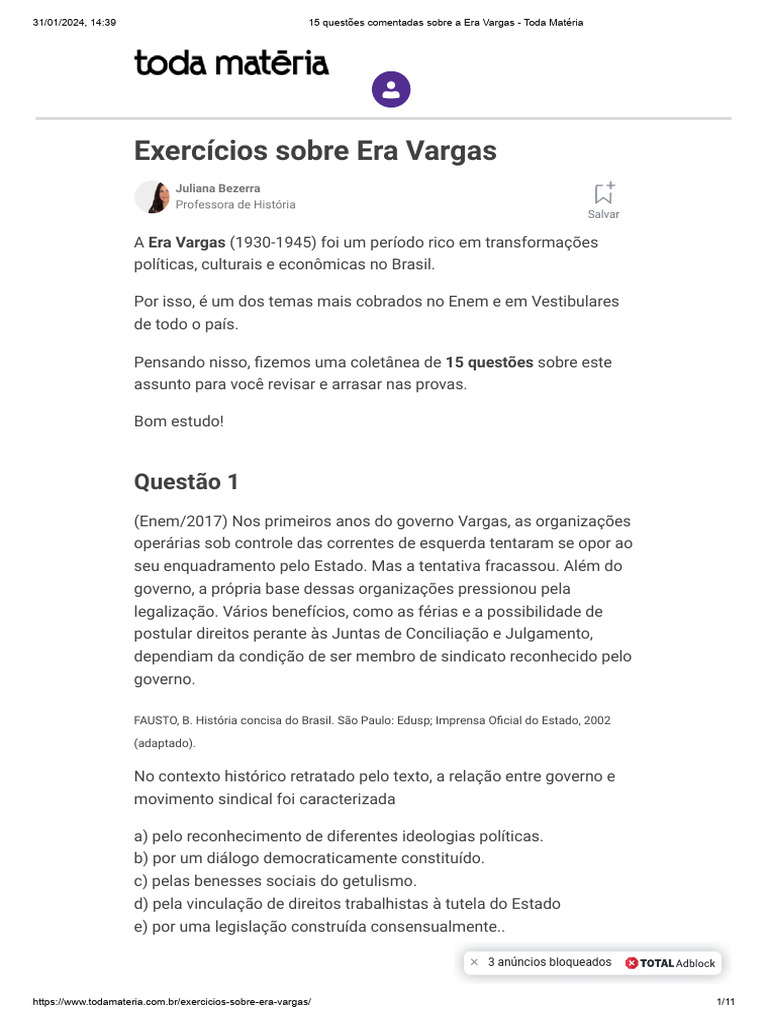 15 Questões sobre a Era Vargas | PDF | Fascismo | Estado