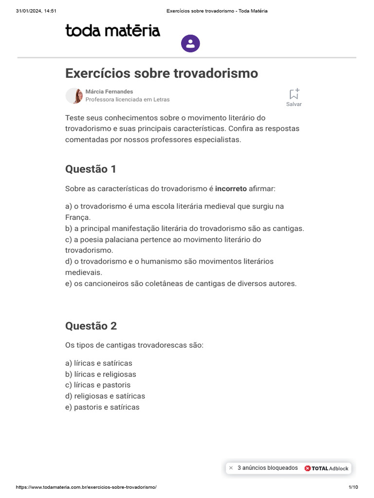 Exercícios sobre Trovadorismo | PDF