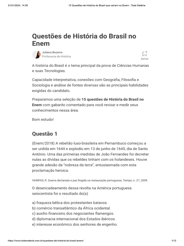 15 Questões de História do Brasil no Enem | PDF | Brasil | República