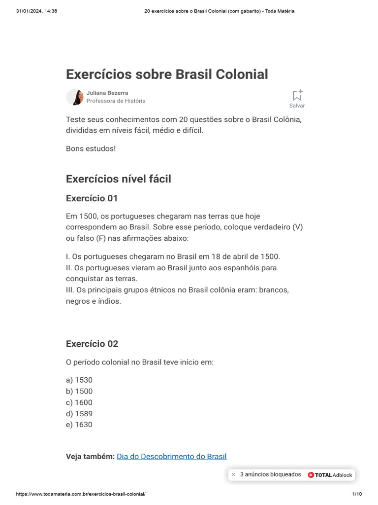 Exercícios sobre o Brasil Colonial | PDF | Brasil | Escravidão