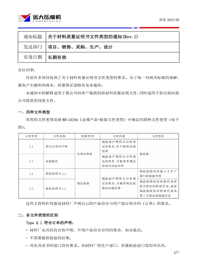 关于材料质量证明书文件类型的通知 (Rev 1) | PDF