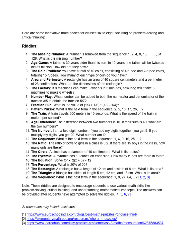 innovative maths Riddles for class six to eight | PDF | Area | Circle